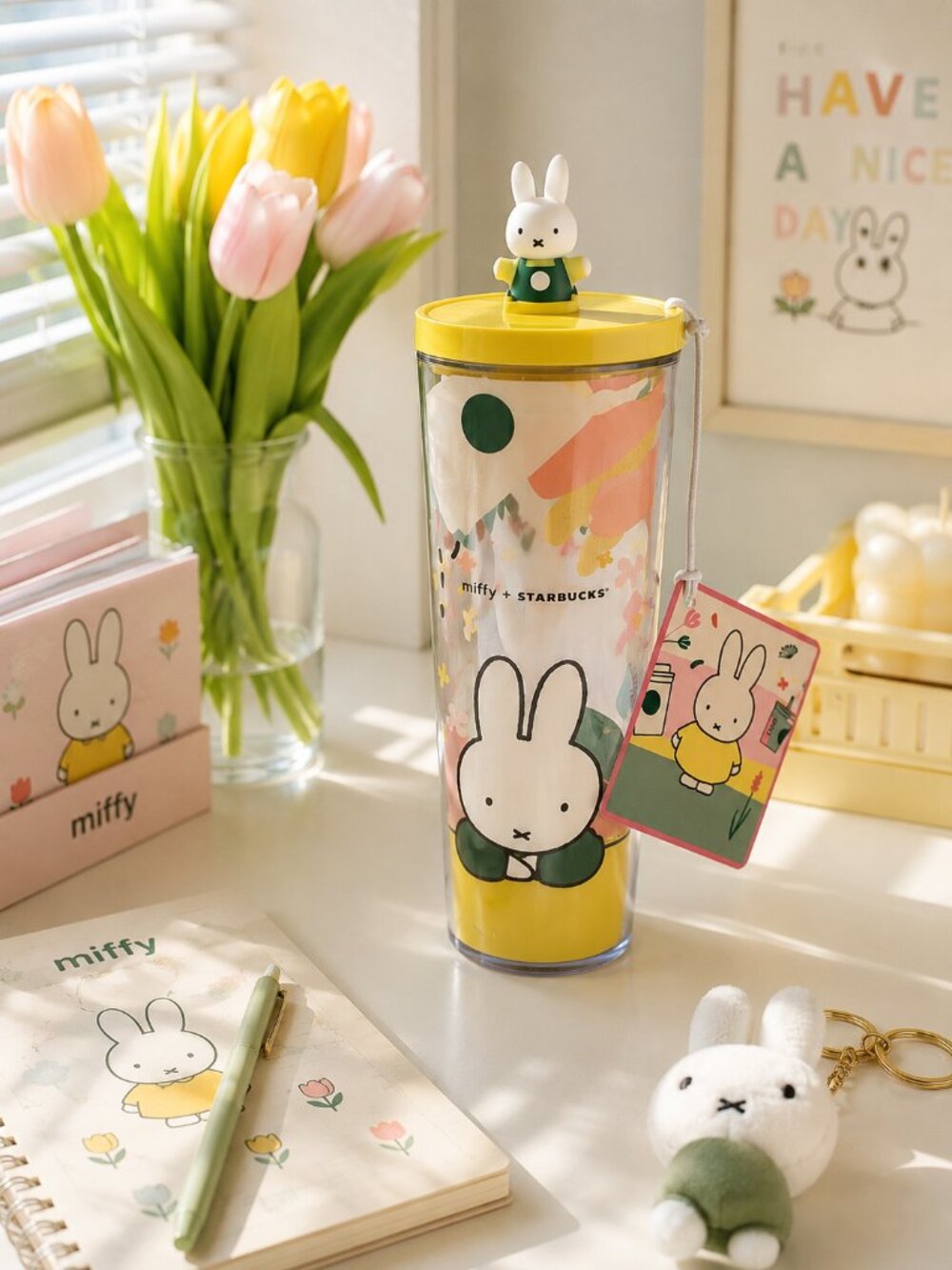 Starbucks x Miffy 24oz Cold Cup Tumbler Yellow Bunny Topper NWT Limited Edition
